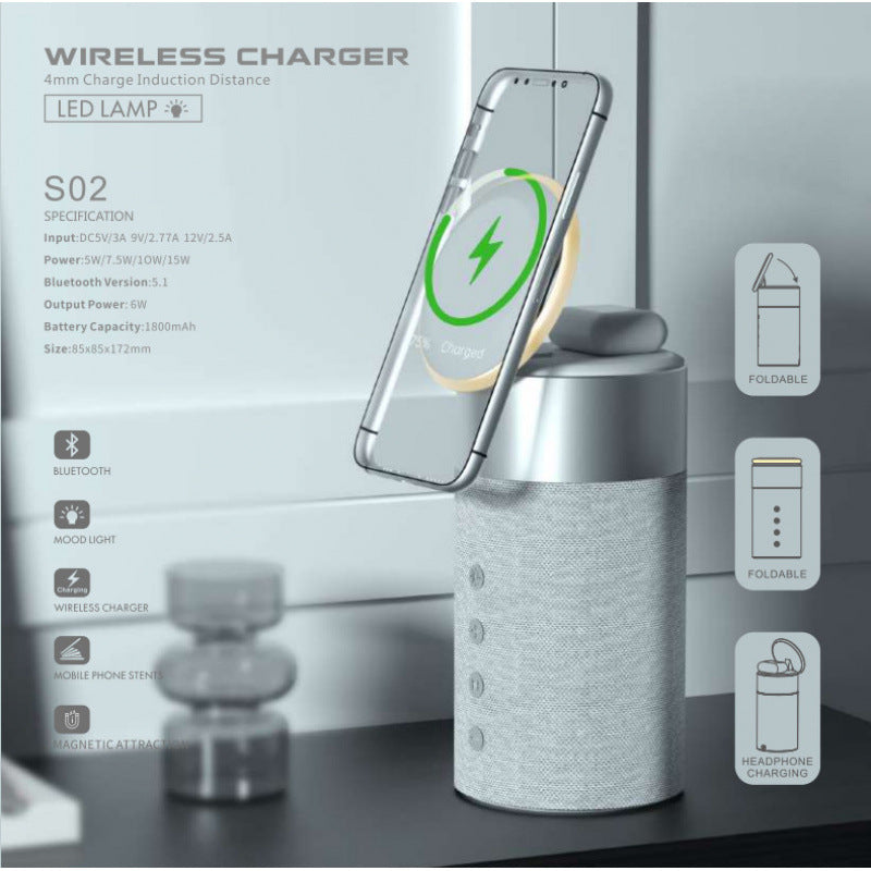S02 4-in-1 Wireless Charger with Bluetooth Speaker, LED Lamp & Phone Stand